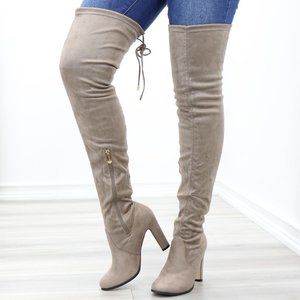 Khaki Thigh High Over The Knee Block High Heel Boots Faux Suede